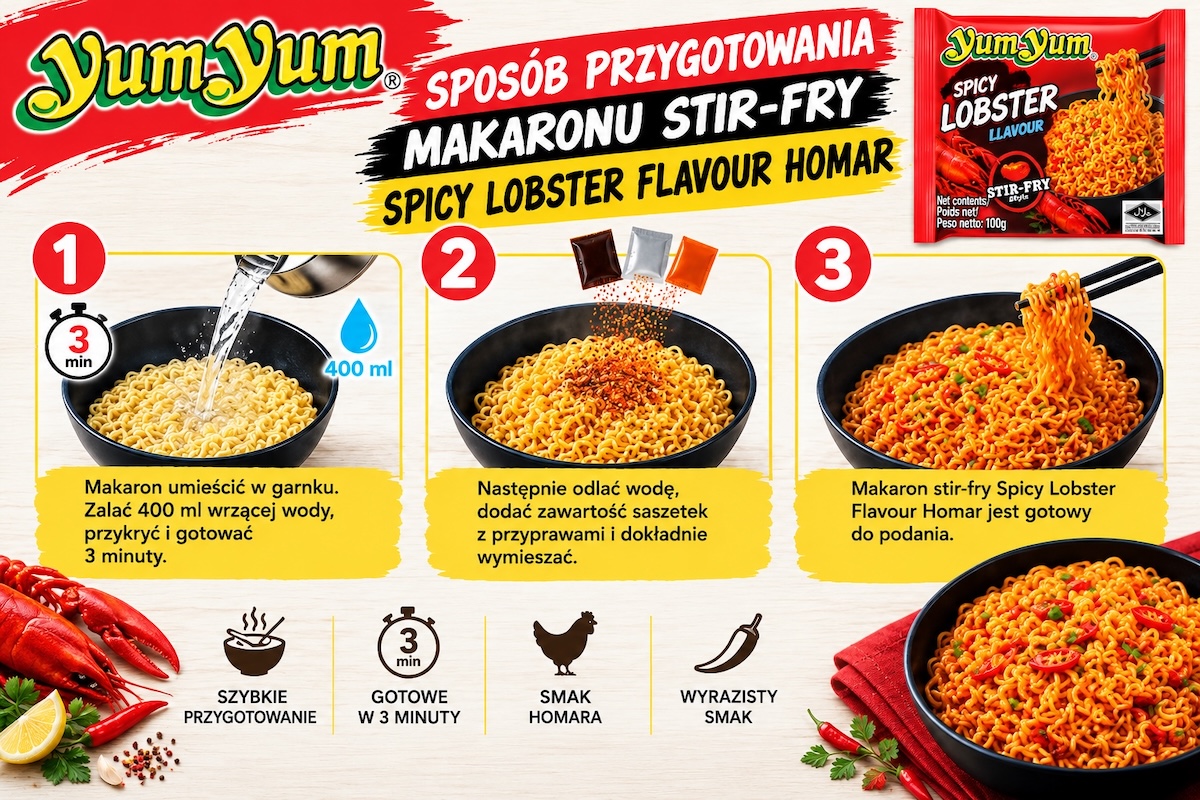 Sposób Przygotowania: Tajski Błyskawiczny Makaron Instant Stir-Fry Spicy Lobster Flavour Homar 100g YUM YUM